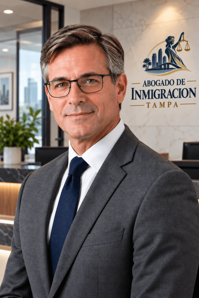Professional immigration lawyer in an office with the Abogado de Inmigracion Tampa logo displayed on the wall behind him.