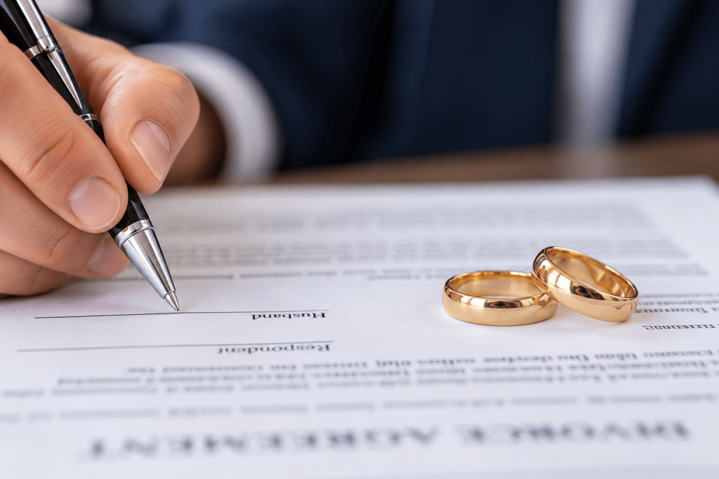 Person signing a divorce agreement with wedding rings placed on the document.