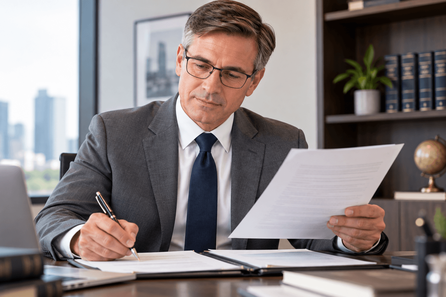 Immigration lawyer reviewing documents at a desk while holding a paper and writing notes.