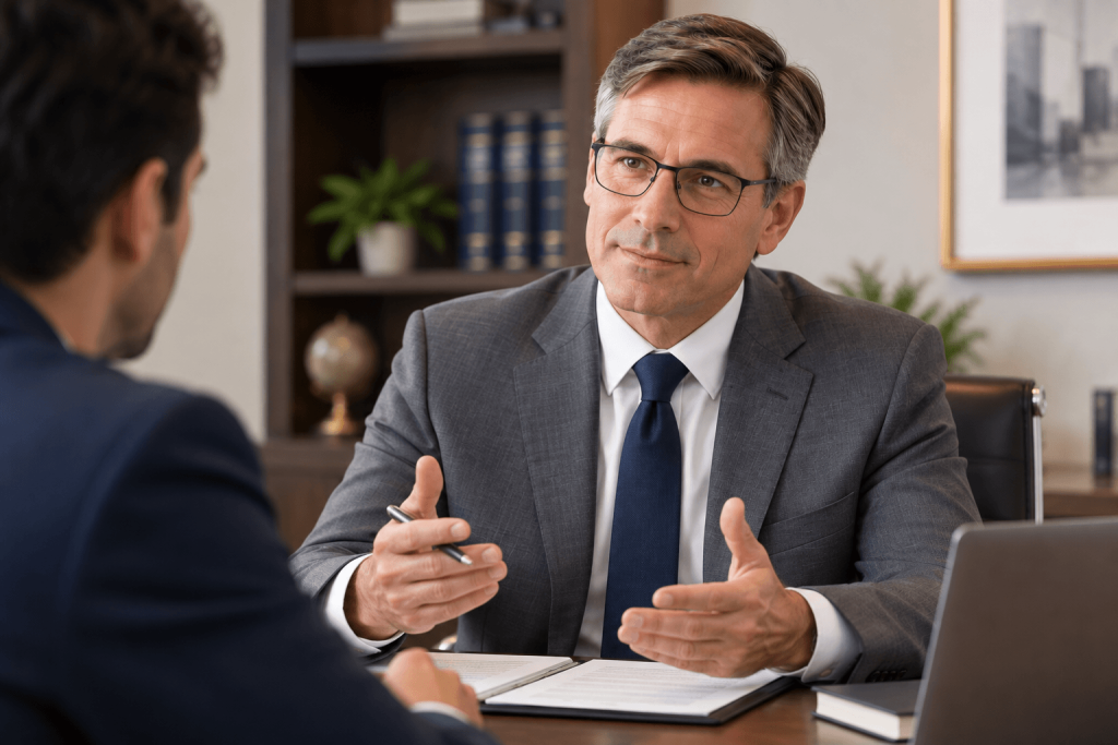 Lawyer consulting with a client across a desk in a professional office.